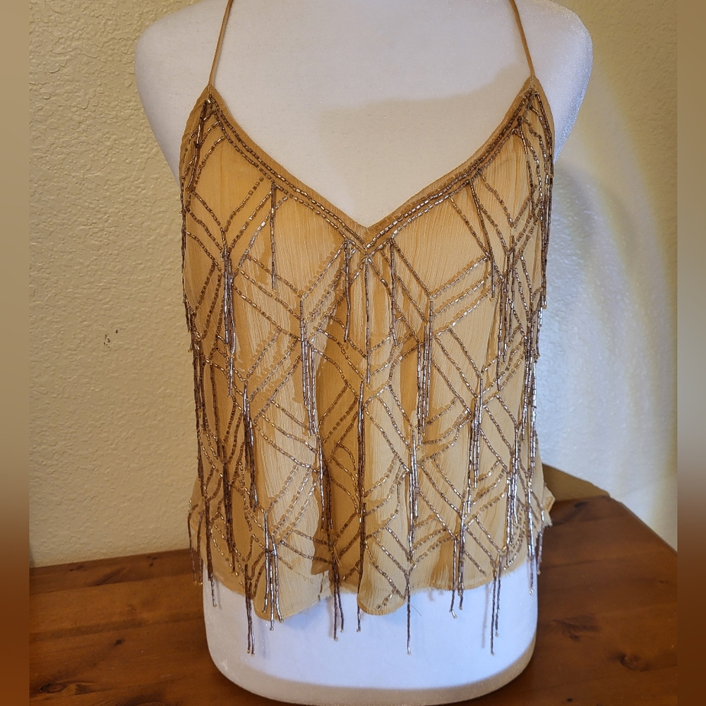 FREE PEOPLE Gorgeous  Yellow/ Gold Beaded Spaghetti Women's Top - Picture 2 of 9